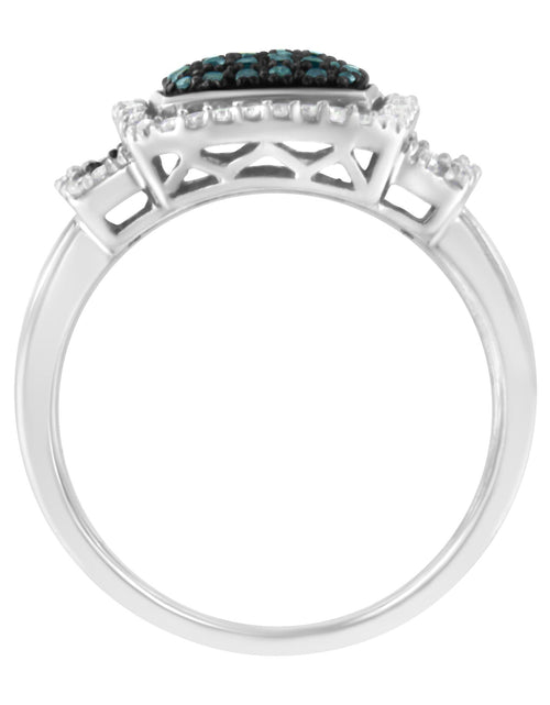 Load image into Gallery viewer, Black Rhodium Plated .925 Sterling Silver 1/2 Cttw White &amp; Blue Diamond Square Halo Cocktail Ring (Fancy Blue &amp; H-I Color, I2-I3 Clarity) by Infinite Jewels

