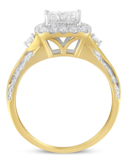 Load image into Gallery viewer, 10K Yellow Gold 1.0 Cttw Diamond Composite Cushion-Shape Halo 3-Band-Look Engagement Ring (H-I Color, SI1-SI2 Clarity) by Haus of Brilliance
