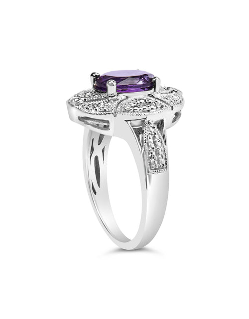 Load image into Gallery viewer, .925 Sterling Silver 9x7mm Oval Purple Amethyst and Round Diamond Accent Fashion Cocktail Ring (I-J Color, I1-I2 Clarity) by Haus of Brilliance
