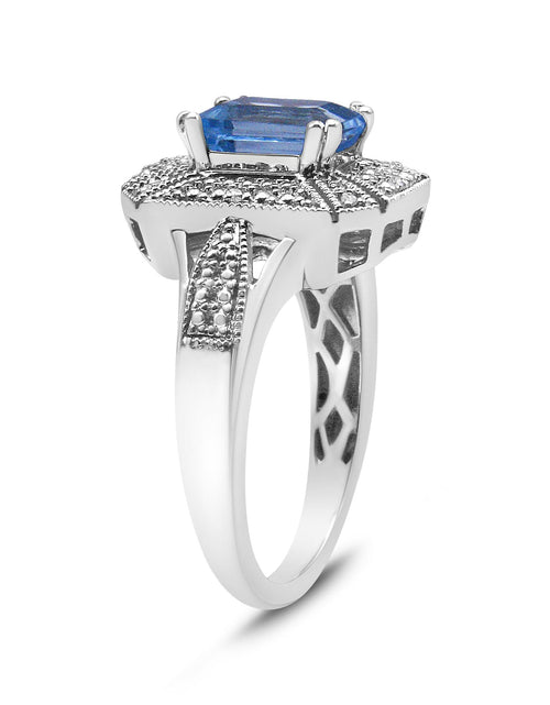 Load image into Gallery viewer, .925 Sterling Silver Diamond Accent and 8X6 mm Emerald-Shape Blue Topaz Ring (I-J Color, I2-I3 Clarity) by Infinite Jewels
