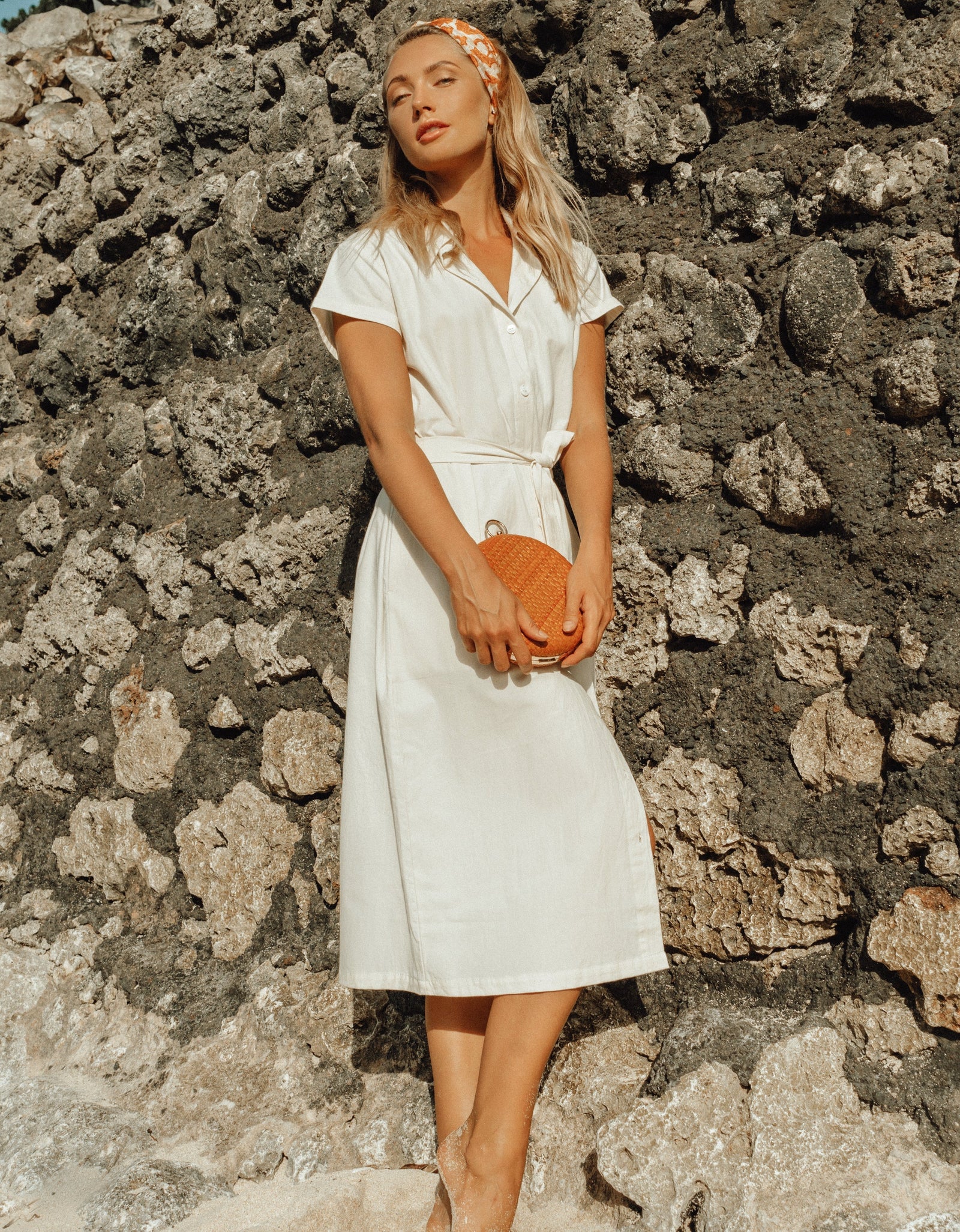 ARYA Safari Linen Midi Dress In Off White by BrunnaCo