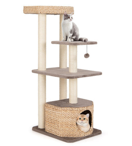 4-Layer Cat Tower with Scratching Posts Condo and Washable Cushions-Coffee