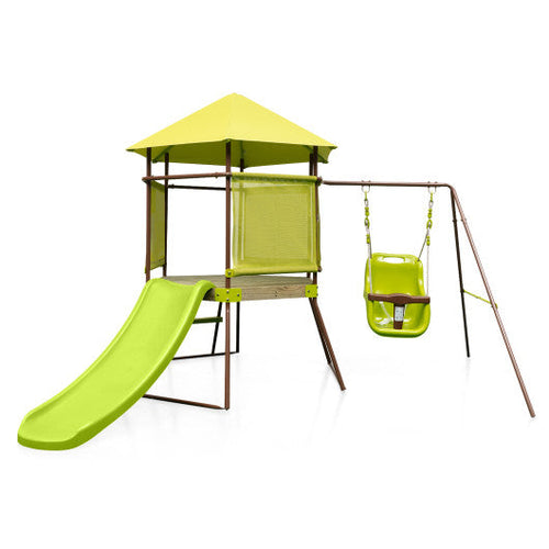 Load image into Gallery viewer, 4-in-1 Swing Set with Covered Playhouse Fort and Height Adjustable Baby Seat-Green
