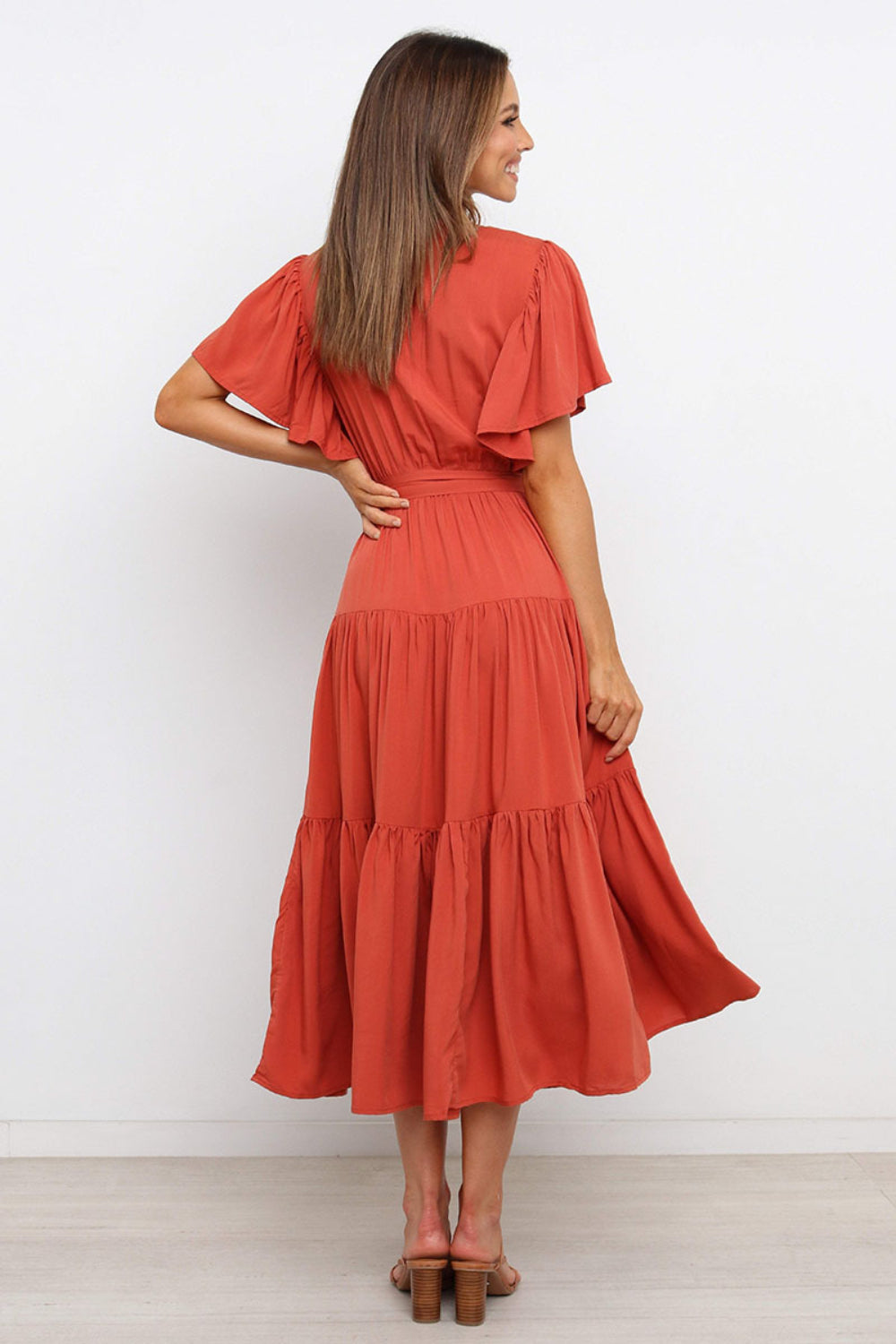 Tied Tiered Short Sleeve Midi Dress