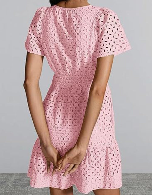 Load image into Gallery viewer, Eyelet Notched Short Sleeve Mini Dress
