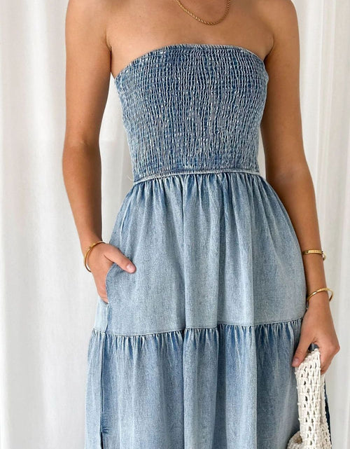 Load image into Gallery viewer, Smocked Tube Slit Tiered Denim Dress
