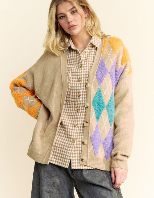 Load image into Gallery viewer, Davi &amp; Dani Argyle V-Neck Dropped Shoulder Cardigan
