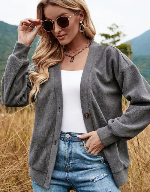 Load image into Gallery viewer, Shiny Button Down V-Neck Dropped Shoulder Jacket
