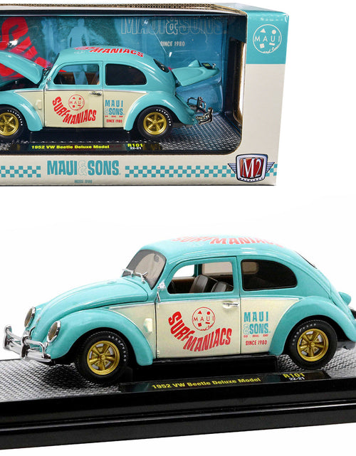 Load image into Gallery viewer, 1952 Volkswagen Beetle Deluxe Model Light Blue and Wimbledon White “Maui &amp; Sons” Limited Edition to 3850 pieces Worldwide 1/24 Diecast Model Car by M2 Machines
