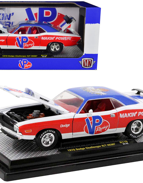 Load image into Gallery viewer, 1970 Dodge Challenger R/T Hemi White with Red and Blue Stripes with Red Interior "VP Racing" Limited Edition to 5710 pieces Worldwide 1/24 Diecast Model Car by M2 Machines
