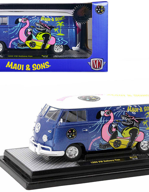 Load image into Gallery viewer, 1960 Volkswagen Delivery Van Blue Metallic with White Top "Maui and Sons" Limited Edition to 6550 pieces Worldwide 1/24 Diecast Model Car by M2 Machines
