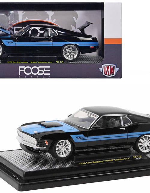 Load image into Gallery viewer, 1970 Ford Mustang Gambler 514 Black with Blue Stripes "Foose" Limited Edition to 6650 pieces Worldwide 1/24 Diecast Model Car by M2 Machines
