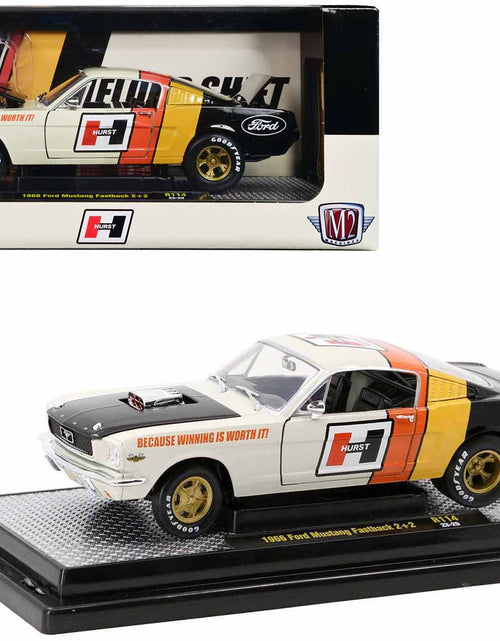 Load image into Gallery viewer, 1966 Ford Mustang Fastback 2+2 Off White and Black with Red and Yellow Stripes "Hurst Shifters" Limited Edition to 6000 pieces Worldwide 1/24 Diecast Model Car by M2 Machines
