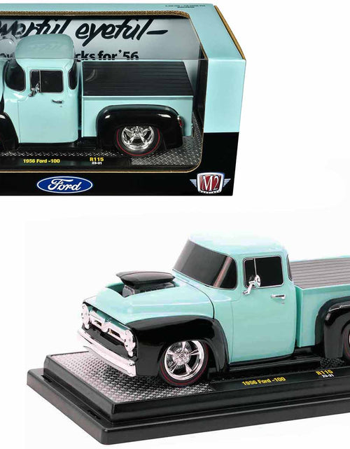 Load image into Gallery viewer, 1956 Ford F-100 Pickup Truck Light Blue and Black Limited Edition to 6250 pieces Worldwide 1/24 Diecast Model Car by M2 Machines
