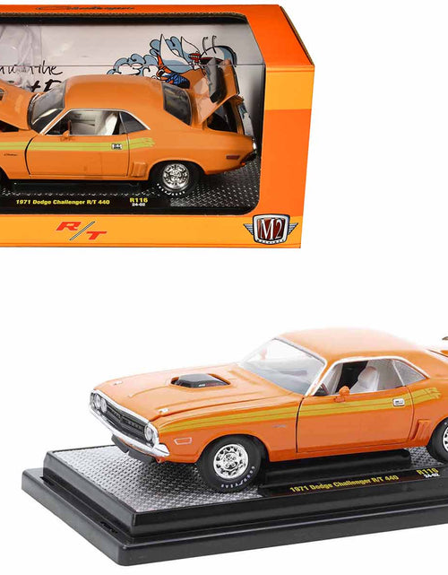 Load image into Gallery viewer, 1970 Dodge Challenger R/T 440 Orange with Yellow Stripes and White Interior Limited Edition to 5250 pieces Worldwide 1/24 Diecast Model Car by M2 Machines
