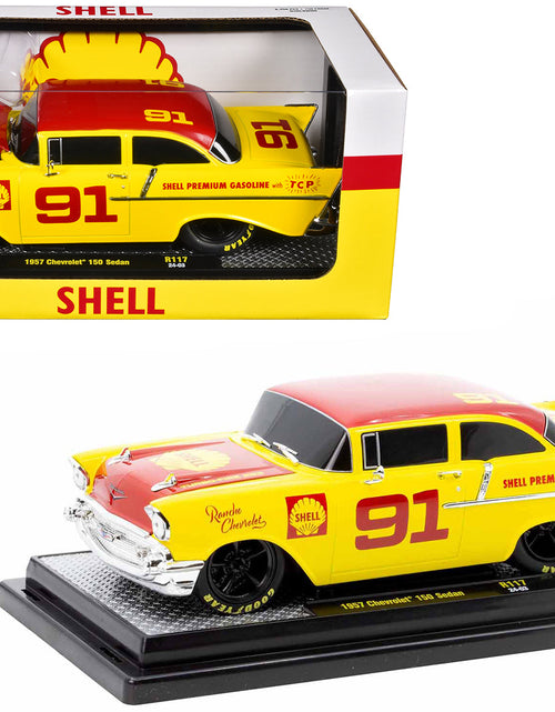Load image into Gallery viewer, 1957 Chevrolet 150 Sedan #91 Yellow with Red Hood and Top "Shell Oil" Limited Edition to 6250 pieces Worldwide 1/24 Diecast Model Car by M2 Machines
