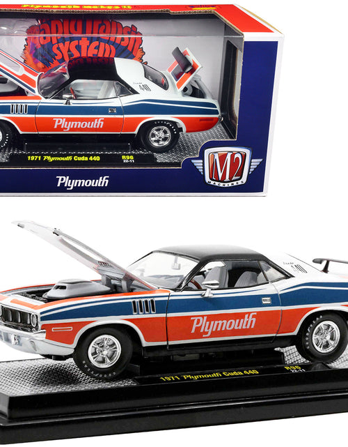 Load image into Gallery viewer, 1971 Plymouth Barracuda 440 Pearl White with Blue and Red Stripes and Black Top Limited Edition to 6550 pieces Worldwide 1/24 Diecast Model Car by M2 Machines
