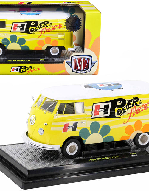 Load image into Gallery viewer, 1960 Volkswagen Delivery Van Yellow with Bright White Top and Flower Graphics "Hurst Power Flowers" Limited Edition to 6550 pieces Worldwide 1/24 Diecast Model Car by M2 Machines
