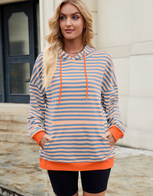 Load image into Gallery viewer, Drawstring Contrast Striped Long Sleeve Hoodie
