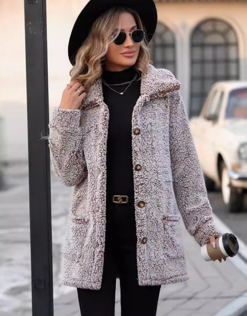 Load image into Gallery viewer, Pocketed Collared Neck Long Sleeve Plush Jacket
