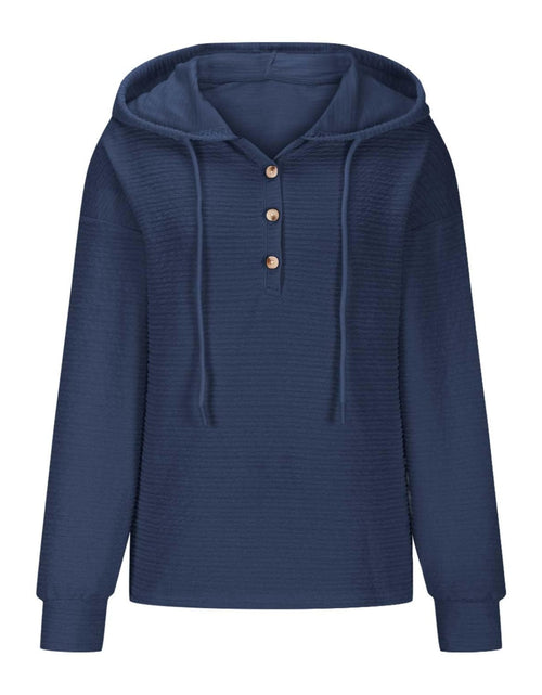 Load image into Gallery viewer, Drawstring Quarter Button Long Sleeve Hoodie
