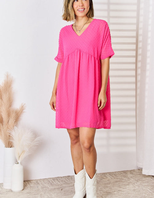 Load image into Gallery viewer, Zenana Swiss Dot Rolled Short Sleeve Babydoll Dress
