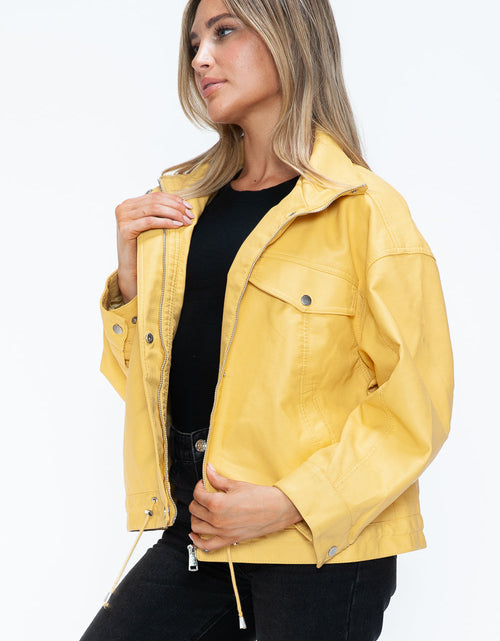 Load image into Gallery viewer, How Dare U Drawstring Hem PU Leather Zip Up Jacket
