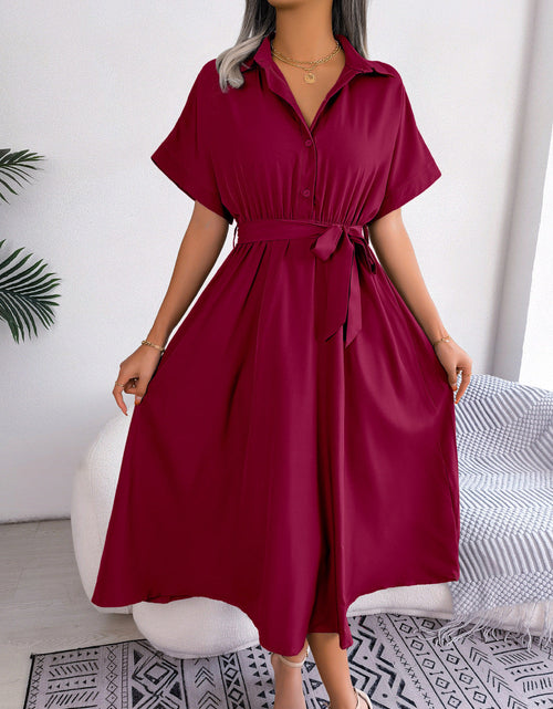 Load image into Gallery viewer, Short Sleeve Collared Tie Belt Dress
