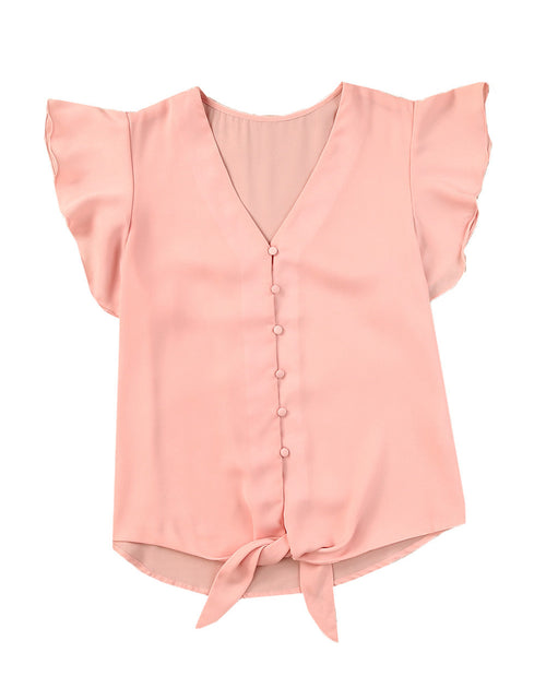 Load image into Gallery viewer, V-Neck Tie Hem Flutter Sleeve Blouse
