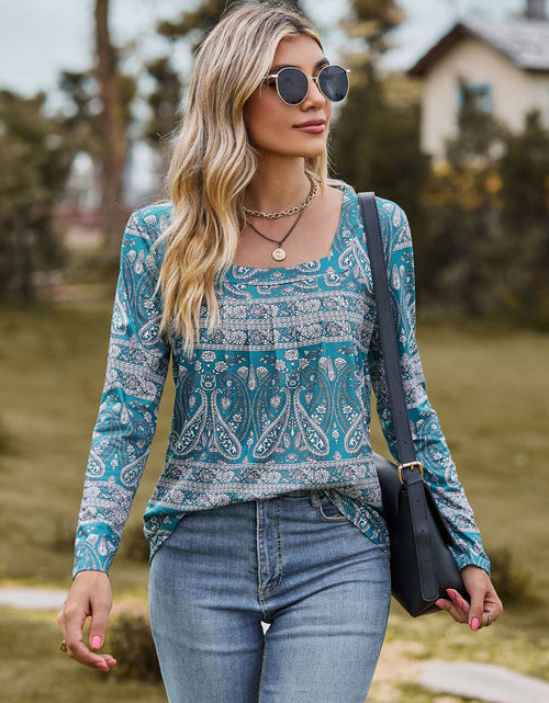 Load image into Gallery viewer, Printed Square Neck Long Sleeve Blouse
