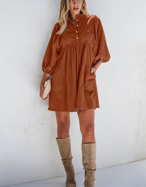 Load image into Gallery viewer, Corduroy Quarter Snap Three-Quarter Sleeve Dress
