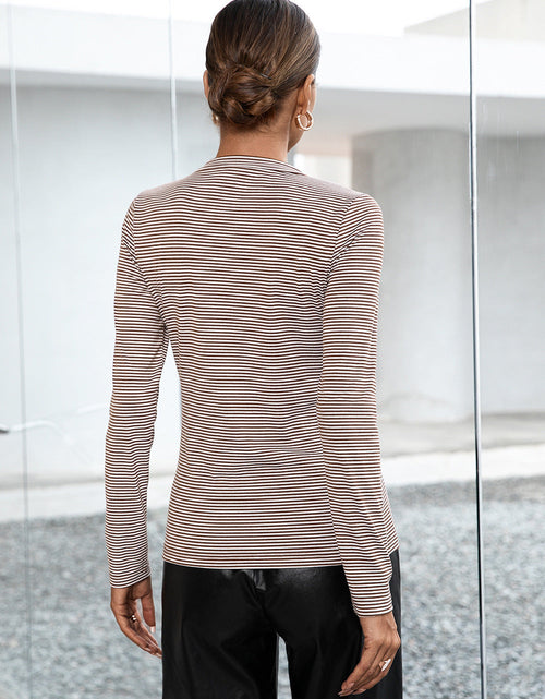 Load image into Gallery viewer, Ivy Lane Striped Buttoned V-Neck Long Sleeve Top
