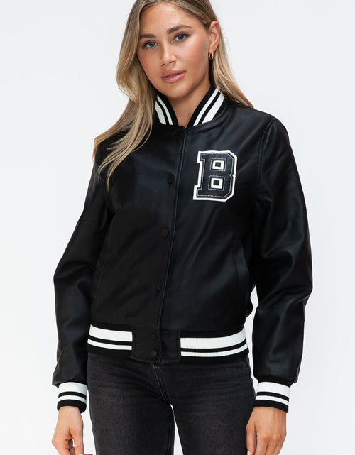 Load image into Gallery viewer, Love Me Now PU Leather Contrast Snap Down Bomber Jacket
