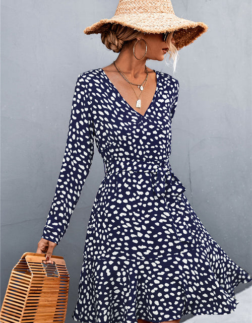 Load image into Gallery viewer, Printed V-Neck Tie Belt Ruffle Hem Mini Dress
