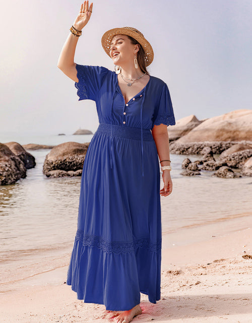 Load image into Gallery viewer, Plus Size Lace Detail Tie Neck Short Sleeve Maxi Dress

