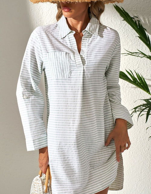 Load image into Gallery viewer, Striped Johnny Collar Long Sleeve Mini Shirt Dress
