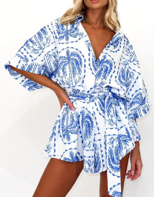 Load image into Gallery viewer, Printed Tie Waist Half Sleeve Romper
