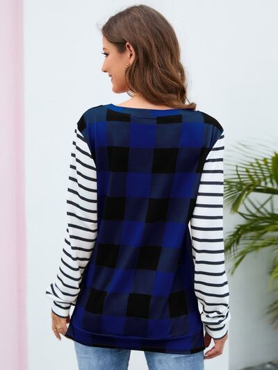 Load image into Gallery viewer, Plaid Striped Round Neck Long Sleeve T-Shirt
