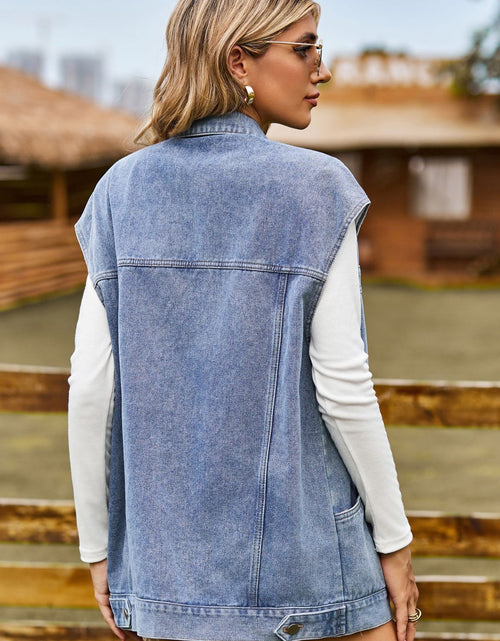 Load image into Gallery viewer, Button Up Collared Neck Sleeveless Denim Jacket
