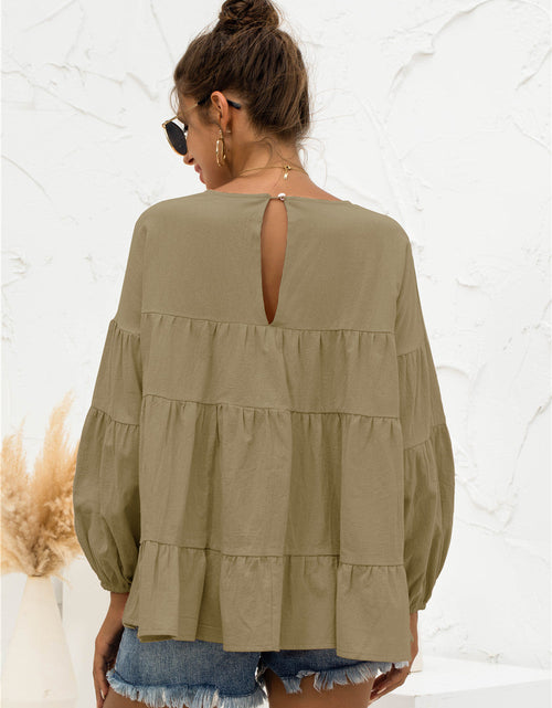Load image into Gallery viewer, Round Neck Bubble Sleeve Tiered Blouse
