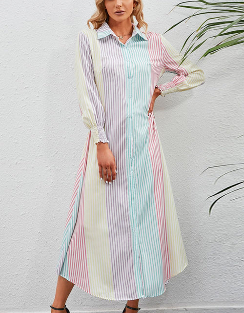 Load image into Gallery viewer, Rainbow Stripe Button-Up Maxi Shirt Dress

