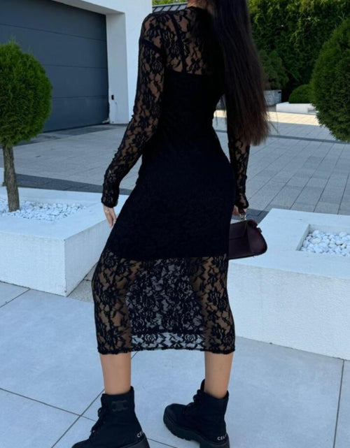 Load image into Gallery viewer, Lace Round Neck Long Sleeve Midi Dress
