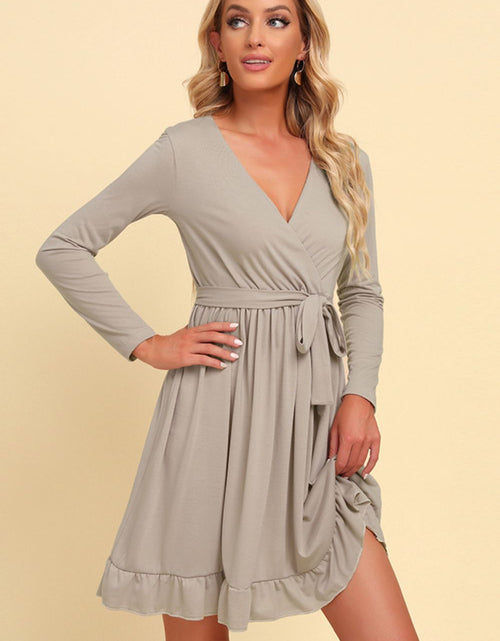 Load image into Gallery viewer, Long Sleeve Tie Waist Ruffle Hem Dress
