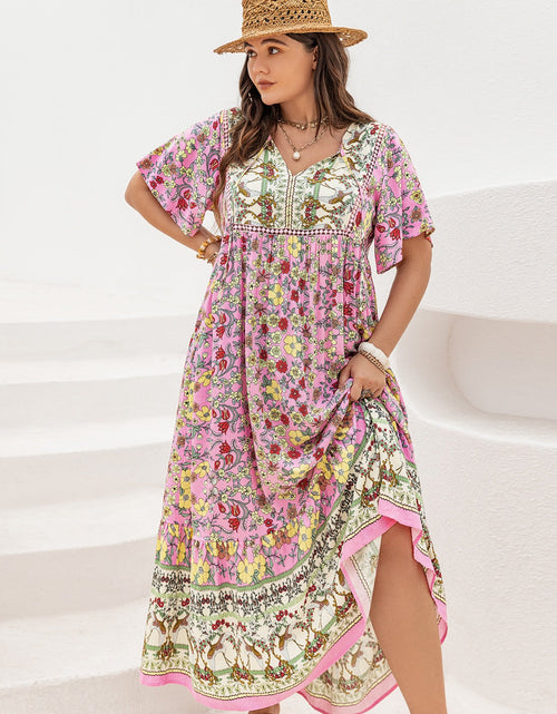 Load image into Gallery viewer, Plus Size Floral Tie Neck Flutter Sleeve Maxi Dress
