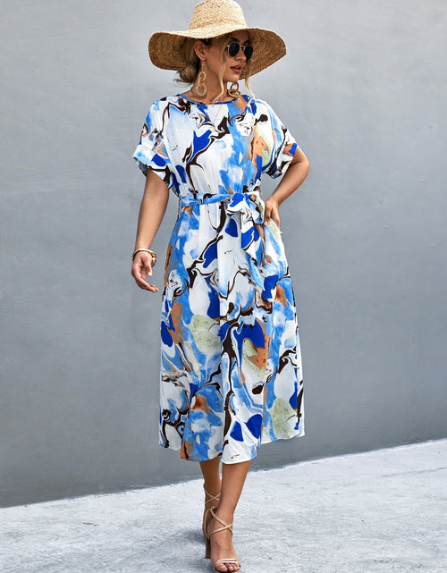 Load image into Gallery viewer, Round Neck Short Sleeve Tie Waist Midi Dress
