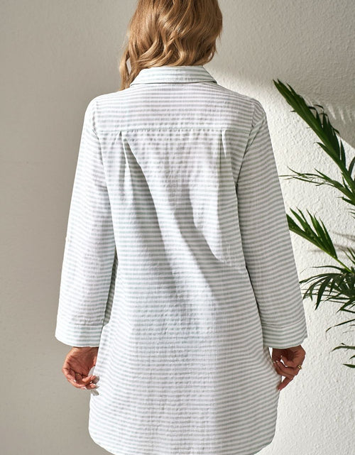 Load image into Gallery viewer, Striped Johnny Collar Long Sleeve Mini Shirt Dress
