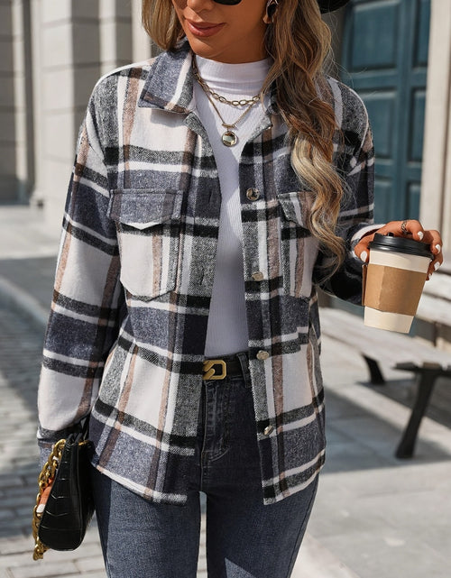 Load image into Gallery viewer, Plaid Button Up Drop Shoulder Jacket
