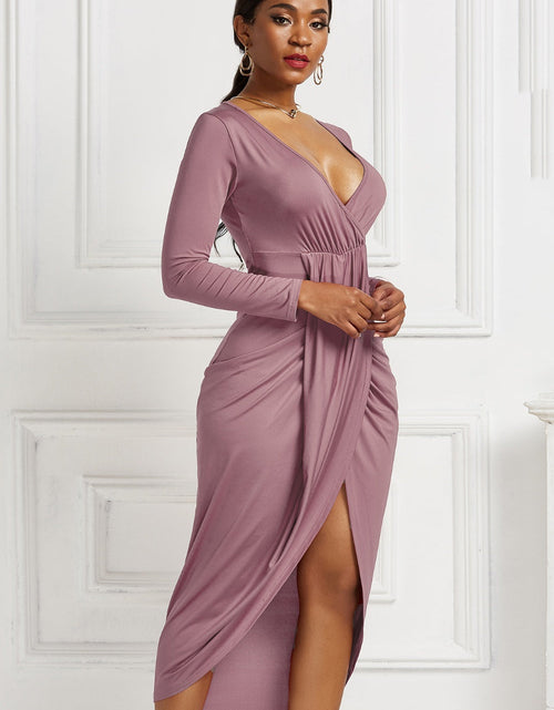 Load image into Gallery viewer, High-low Ruched Surplice Long Sleeve Dress

