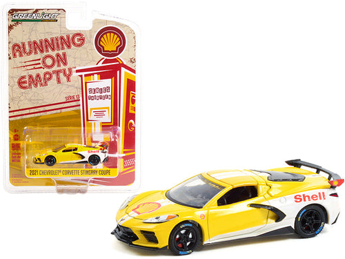 Load image into Gallery viewer, 2021 Chevrolet Corvette C8 Stingray Coupe "Shell Oil" Yellow and White "Running on Empty" Series 13 1/64 Diecast Model Car by Greenlight
