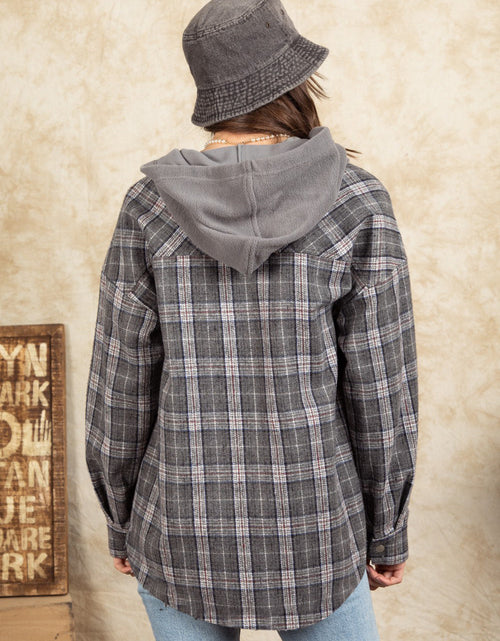 Load image into Gallery viewer, Drawstring Plaid Long Sleeve Hooded Jacket
